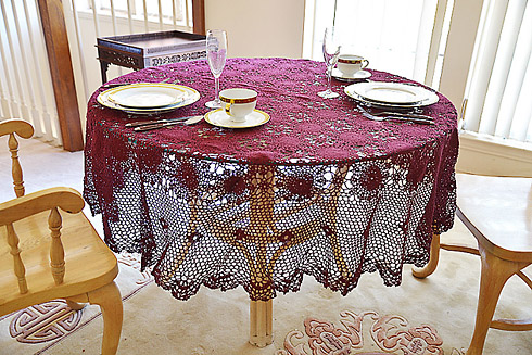 Festive Crochet Tablecloth. Merlot color. 70"RD